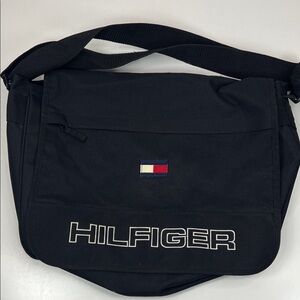 VTG Tommy Hilfiger Laptop Messenger Tote canvas bag flag spellout  Black